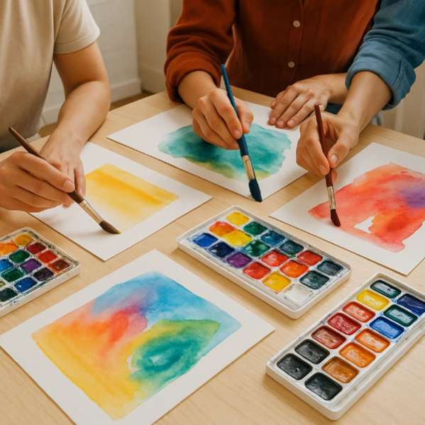 Gruppe beim Aquarell Malkurs – Hände, Farben und kreative Werke