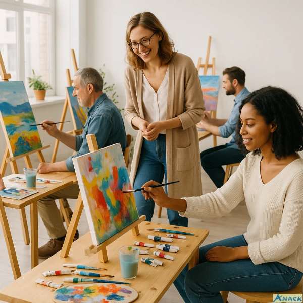 Erwachsene und Kinder beim Acryl Malkurs in Baden-Baden