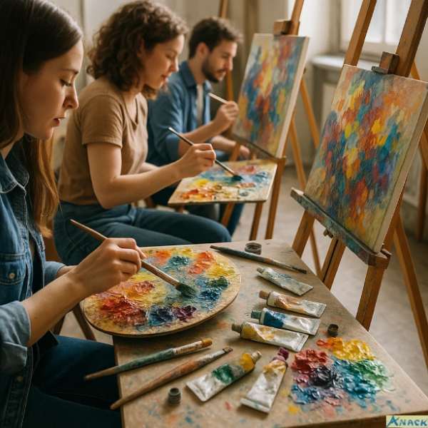 Gruppe von Teilnehmern malt gemeinsam mit Ölfarben in der Kunstschule Baden-Baden